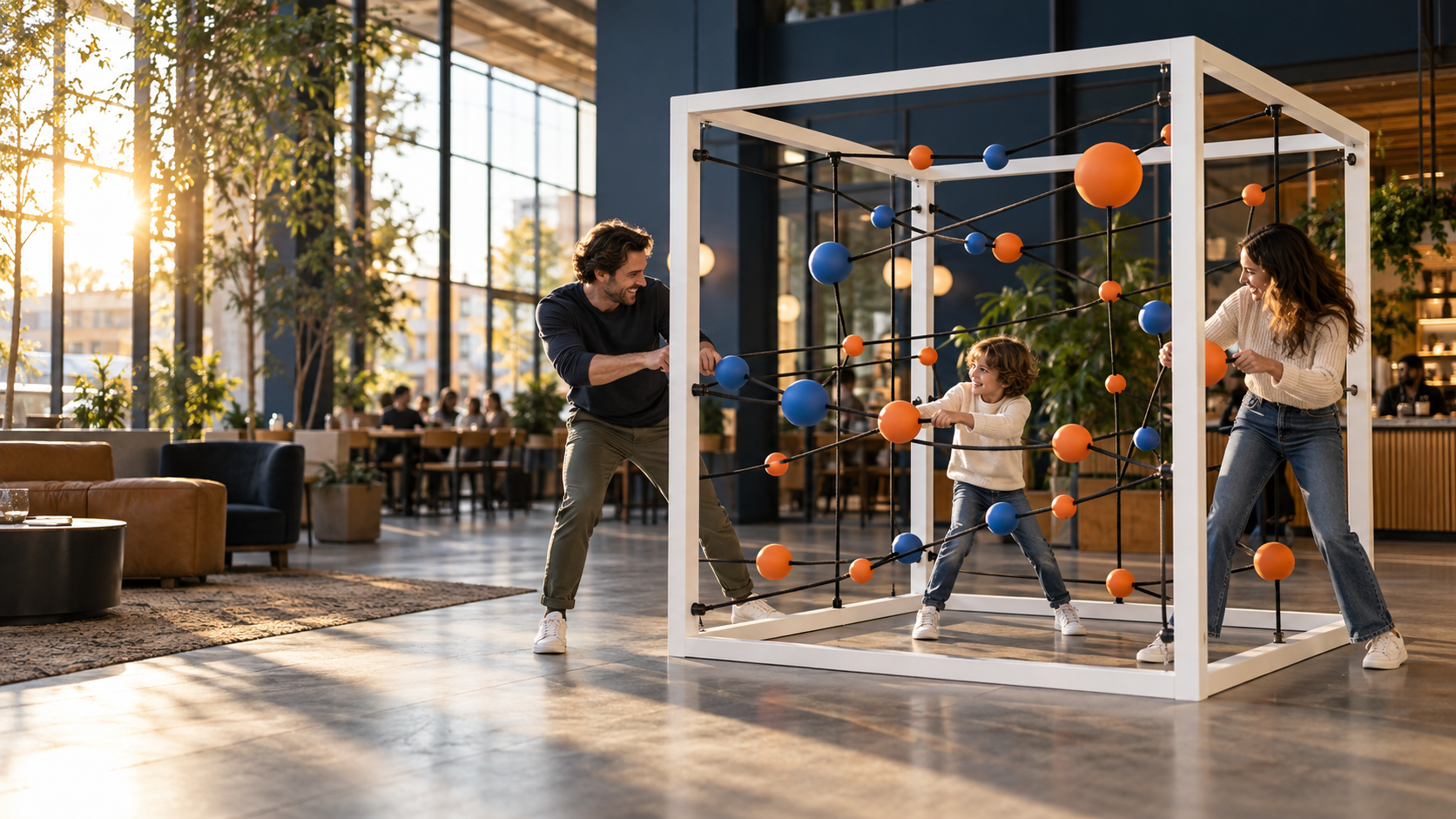 Concept visualization of two adults and a child interacting with cords and colored targets inside a white MOVE Cube